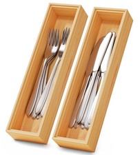 Bamboo Kitchen Drawer Organizer Boxes 12" x 3" Stackable Wood Silverware
