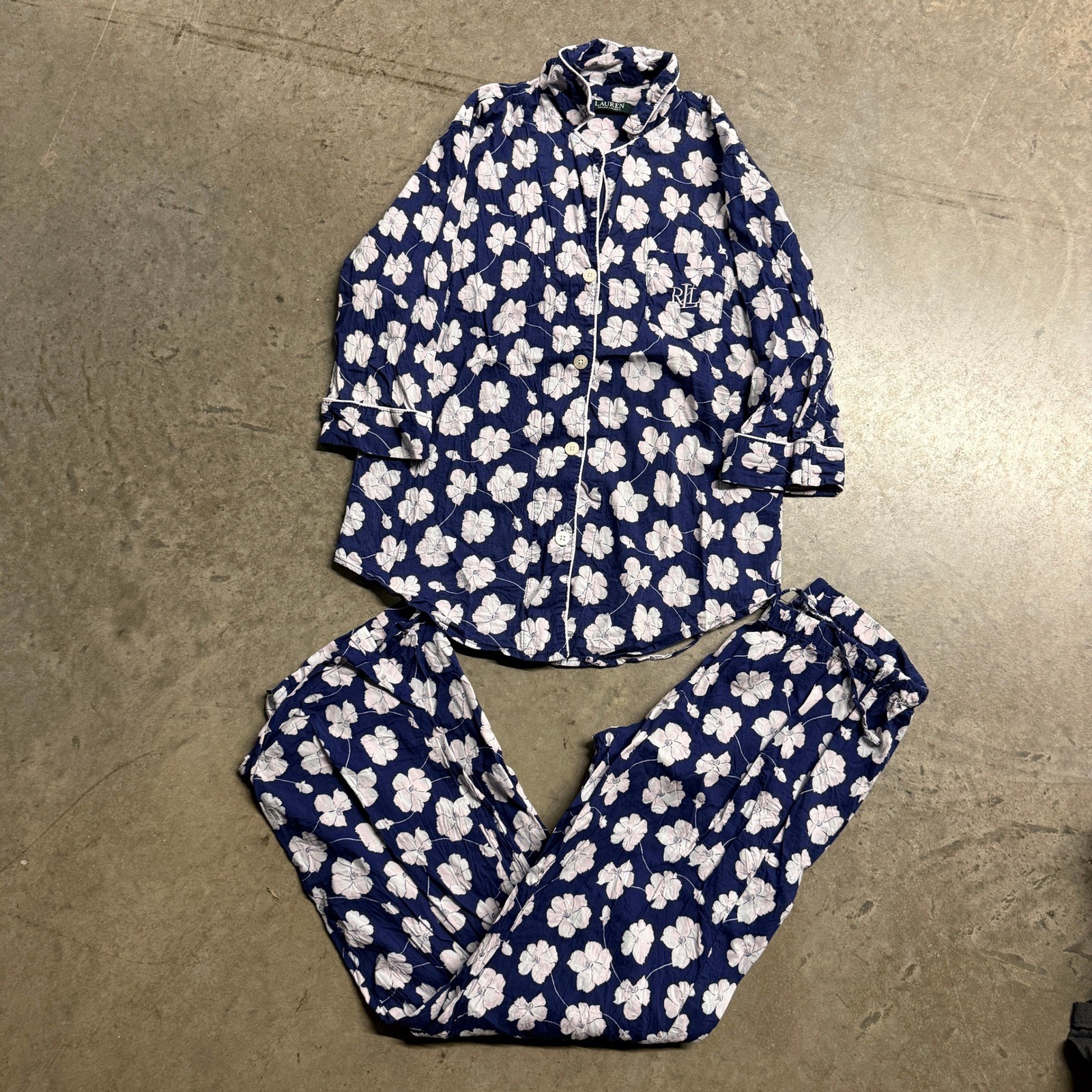 Lauren Ralph Lauren Womens Navy Blue White Floral Pajama Set Long Sleeve L