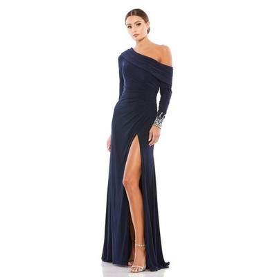 Ieena Mac Duggal Beaded Cuff Drop Shoulder Faux Wrap Gown Sz 14 Midnight NWT