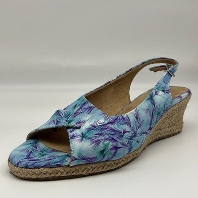 Easy Street Devlin Espadrille Wedge Sandals Blue Purple Tropical Slingback 9.5