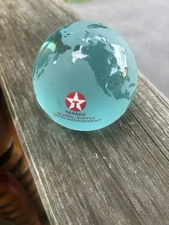 Texaco Global Supply Glass Paperweight  Teal  Iridescent Etched 4.5” Globe