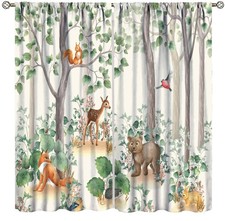 Forest Animal Curtains,Fox Elk Bird Animal Watercolor Woodland Print Curtains...