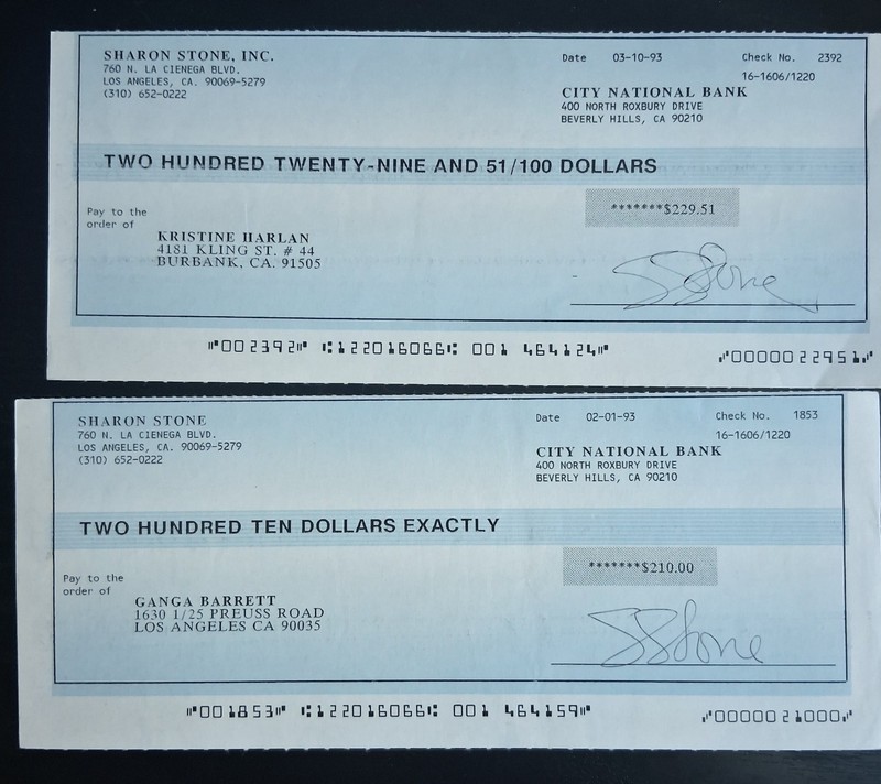 2 Sharon Stone Bank  Checks Authentic Signed Lot