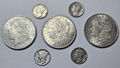 1921 MORGAN SILVER DOLLARS & MERCURY DIMES.  LOT OF 3 AU/BU 1921 & 4 DIMES