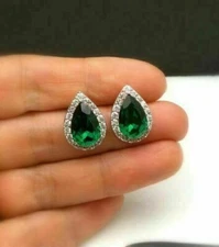 3Ct Pear Cut Green Emerald Diamond Stud Halo Earrings Solid 14K White Gold Over
