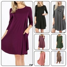 Zenana Women Plus Round Neck 3/4 Sleeve Dress Tunic Top Pocket Colors