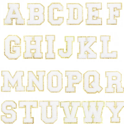 LITTLE ANGEL Aufnäher BUCHSTABEN Patches weiß mit Goldglitter Applikationen Bügelbild Nähen