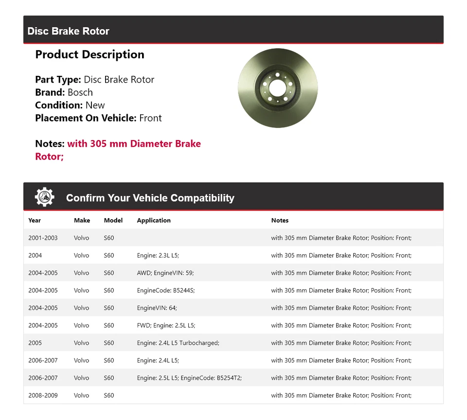 Rotor de freno de disco delantero QuietCast Bosch 2001-2009 Volvo S60 2002 2003 2004 Foto 2 de 4