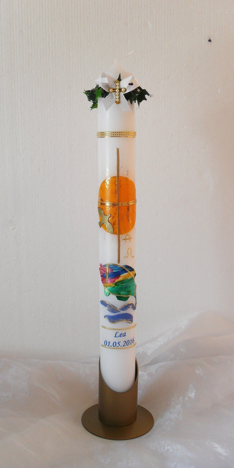 Taufkerze/Kommunionkerze Konfirmatio Regenbogenfisch,Kreuz,Wasser-Mädchen,Junge