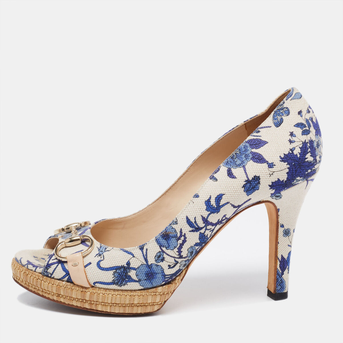 Gucci White/Blue Floral Print Canvas Horsebit Peep Toe Gucci White/Blue Floral Print Canvas Horsebit Peep Toe