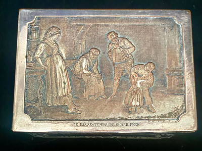 BEAUTIFUL VTG B. WICKER ETCHED JEWELRY BOX, LE PASSE TEMPS DU GRAND PERE c1900 g
