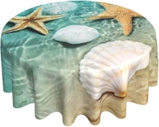 White Shells Round Tablecloth 60 Inch Ocean Tropical Beach Conch Starfish San...