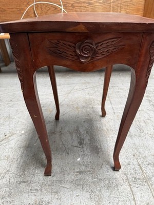 Carved Wood Rectangular Accent Side Table, Cabriole Legs, Rose Motif, Brown