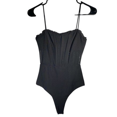 Princess Polly Black Bodysuit Mesh Bustier Ruffle Trim Sleeveless Party Top