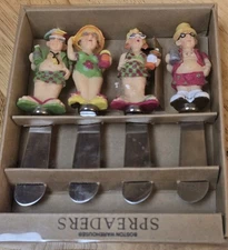 Vtg Boston Warehouse Cheese Spreaders Set Of 4 Novelty Beach Seniors Stainless