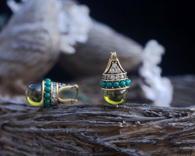 Ohrringe Dormeuse vergoldet Mini Perle grün CZ Peridot Vintage Stil ET9