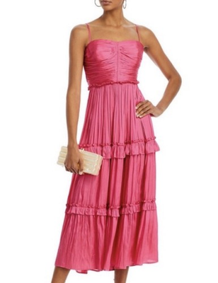 #ad AQUA XS Pink Solid Woven Polyester Sweetheart Ruched Tiered Midi Dress $25.00