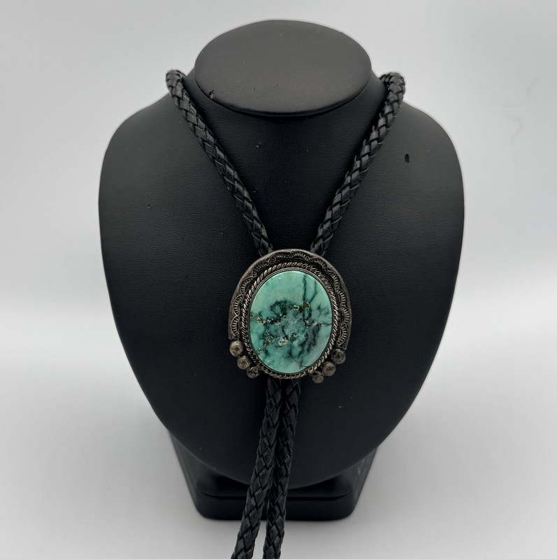 Vintage Native American Bolo Tie Sterling Silver And Turquoise Heavy Signed JD