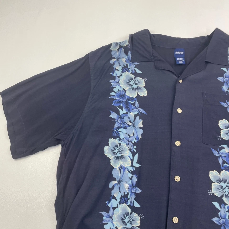 Basic Editions Hawaiian Shirt Floral Design Blue Short Sleeve Mens Large - Image 3 of 4