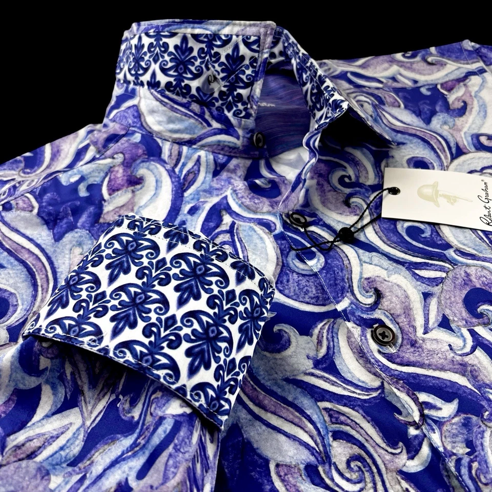 Camisa deportiva Robert Graham cachemir geométrica floral audaz púrpura ilustraciones XL $258 Foto 3 de 4