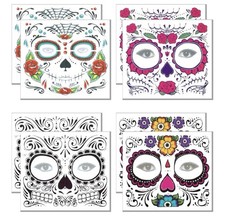Day of the Dead Sugar Skull Large Temporary Press-On Face Tattoos, Floral