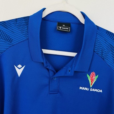 Macron Samoa Rugby 23/24 Travel Player Blue Short Sleeve Polo Shirt Mens XL
