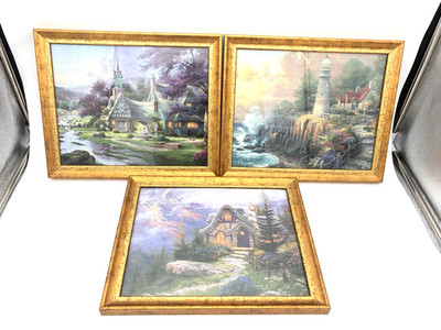 3er Set Thomas Kinkade Kunstdrucke   Romantische Landschaften Goldrahmen 34x28cm