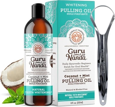 FRESH GuruNanda Coconut & Peppermint Oil Pulling (237 ml) with Tongue Scraper - Alcoho