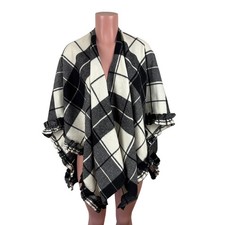 Talbots Cape Shawl M/L Black White Plaid Soft Acrylic ruffle trim preppy classic