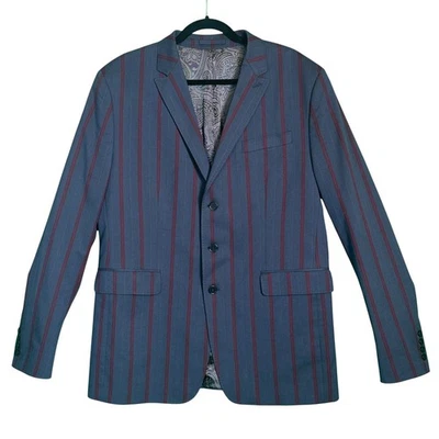 Pretty Green Blazer Jacket Striped Cotton Blend Mod Blue Burgundy 44 Britpop - Image 1 of 4