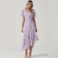 ASTR THE LABEL Asymmetric Ruffle Hem Midi Dress Lilac Purple Floral - Size L