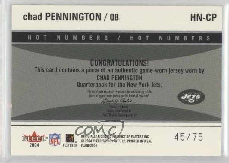 2004 Flair Hot Numbers Silver Patch /75 Chad Pennington #HN-CP Patch - Image 2 of 2