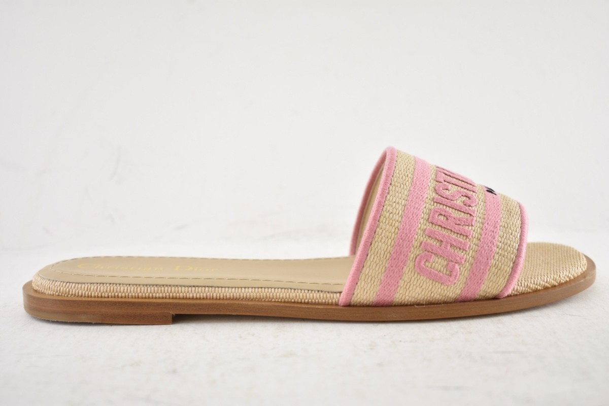 Christian Dior Dway Rose Begonia Pink Raffia Beige Logo Slide Flat