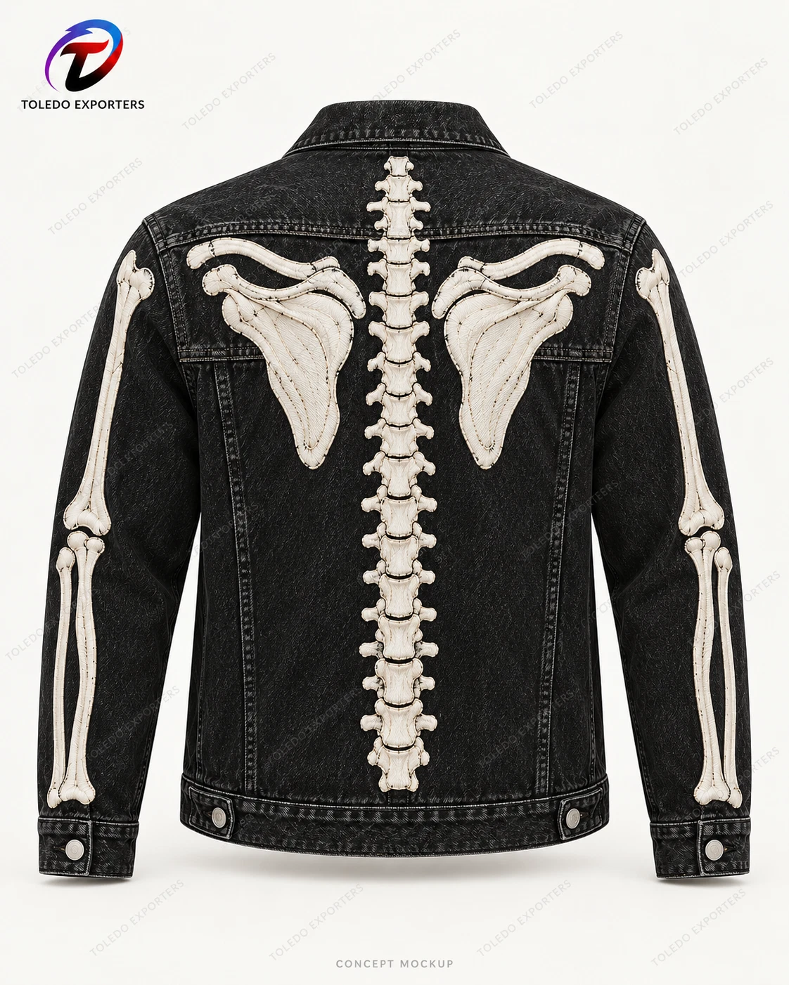 Black Skeleton Denim Jacket with Bone Embroidery, Unisex Halloween Trucker Style - product detail image 2