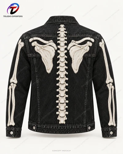 Black Skeleton Denim Jacket with Bone Embroidery, Unisex Halloween Trucker Style image 2