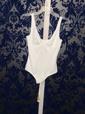 NEW XS Deep White Bodysuit Lined Stretchy Casual Top Sleeveless One Piece 16