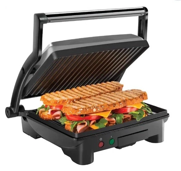 Chefman 3-in-1 Panini Press & Grill,4-Slice Non-Stick,Opens Flat-Stainless Steel