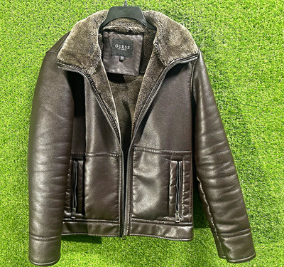GUESS Men's Brown Leather Bomber Jacket Lined Full Zip Size M Fur aviator