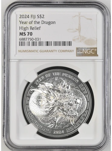 DRAGON LUNAR YEAR 1 Oz Silver Coin 2$ Fiji 2024 High Relief NGC MS 70 W/box COA