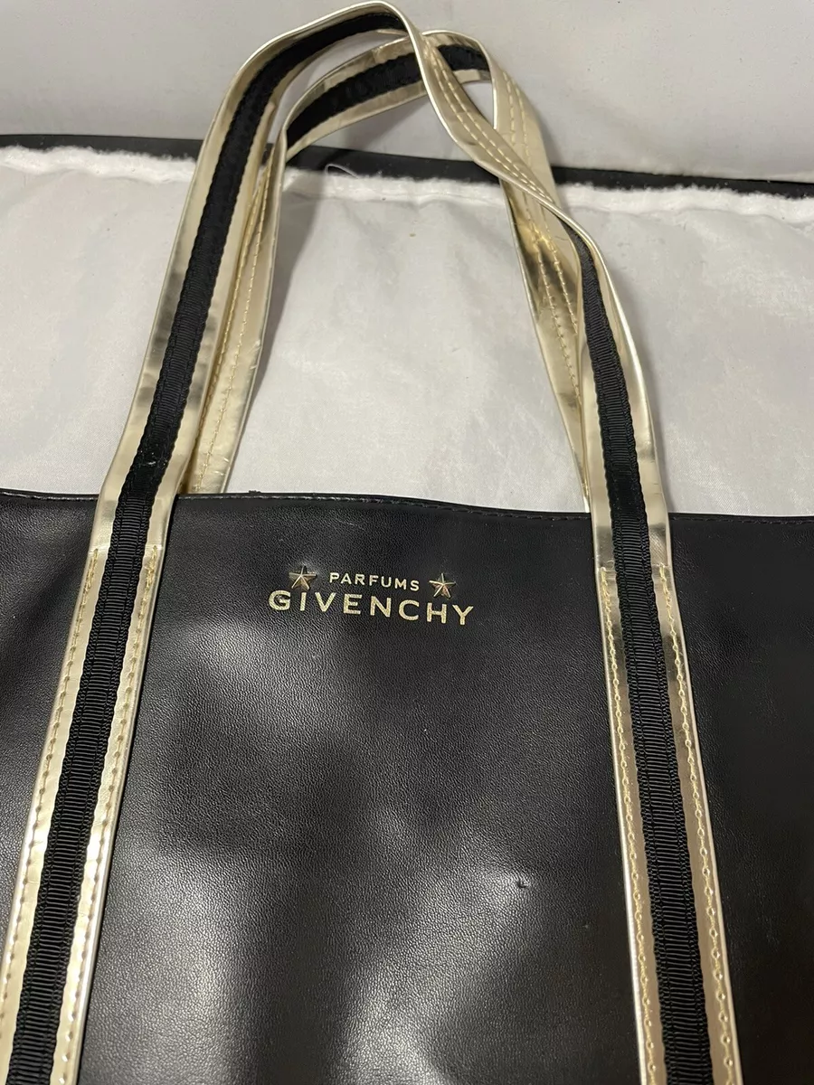 Vtg Givenchy Parfums Holiday Tote Shopper Black Vegan Leather Gold Trim  13x13.5