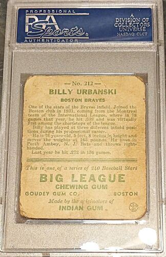1933 Goudey #212 Billy Urbanski Baseball Card Bill Urbansky BRAVES graded PSA 1 - Picture 2 of 2