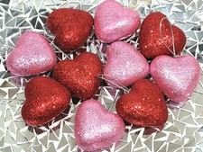 Valentines Pink Re Glitter Hearts 1.5" Ornaments Decorations Decor Set of 10