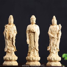 Boxwood West Three Buddha Sculpture Wood Sakyamuni Guanyin Statue Home Decor