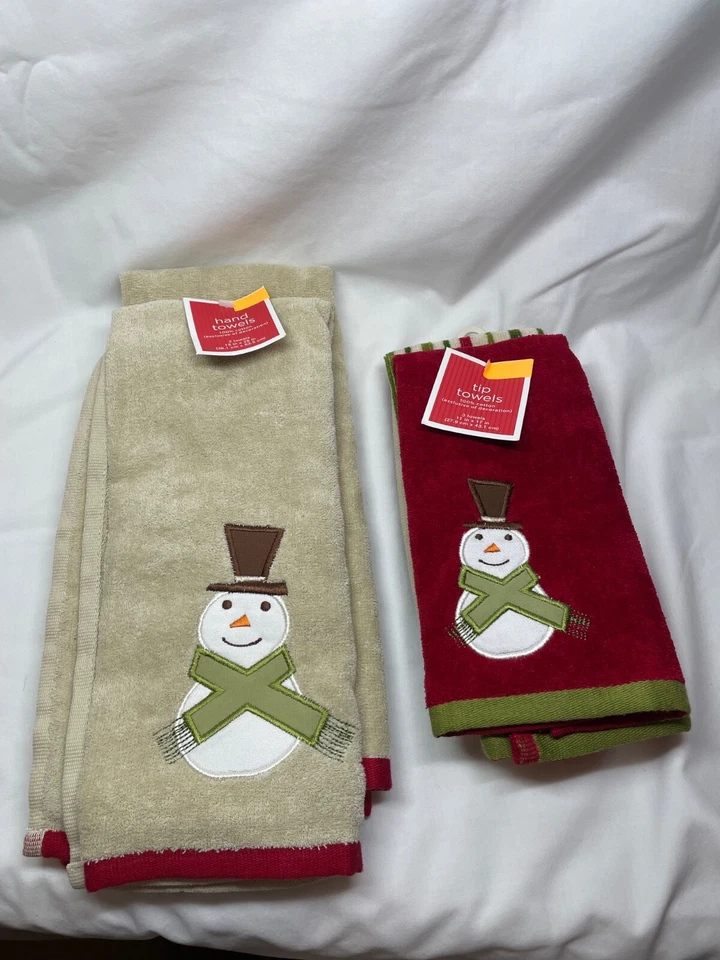 Juego de toallas de mano muñeco de nieve 2 - 15 x 25 pulgadas y toallas de punta 3 - 11 x 17 beige rojo Foto 2 de 2