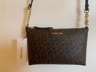 Calvin Klein  crossbody chain handbag monogram logo brown  gold 