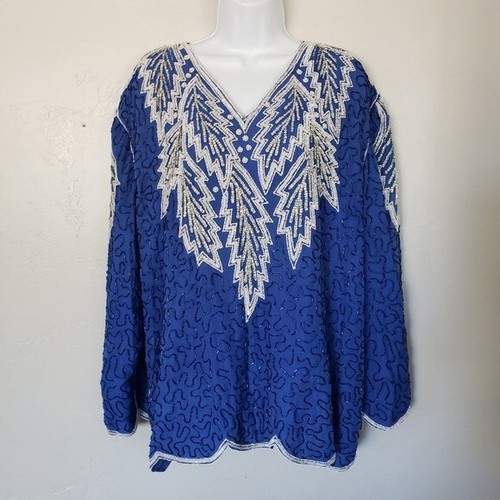 Fantasy by Lisa Kane Vintage Pure Silk Blouse Long Sleeve Blue White Beaded Top