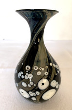 Art Glass Vase 4 3/4" tall. Black w/ White Circles, Blue and Beige swirls