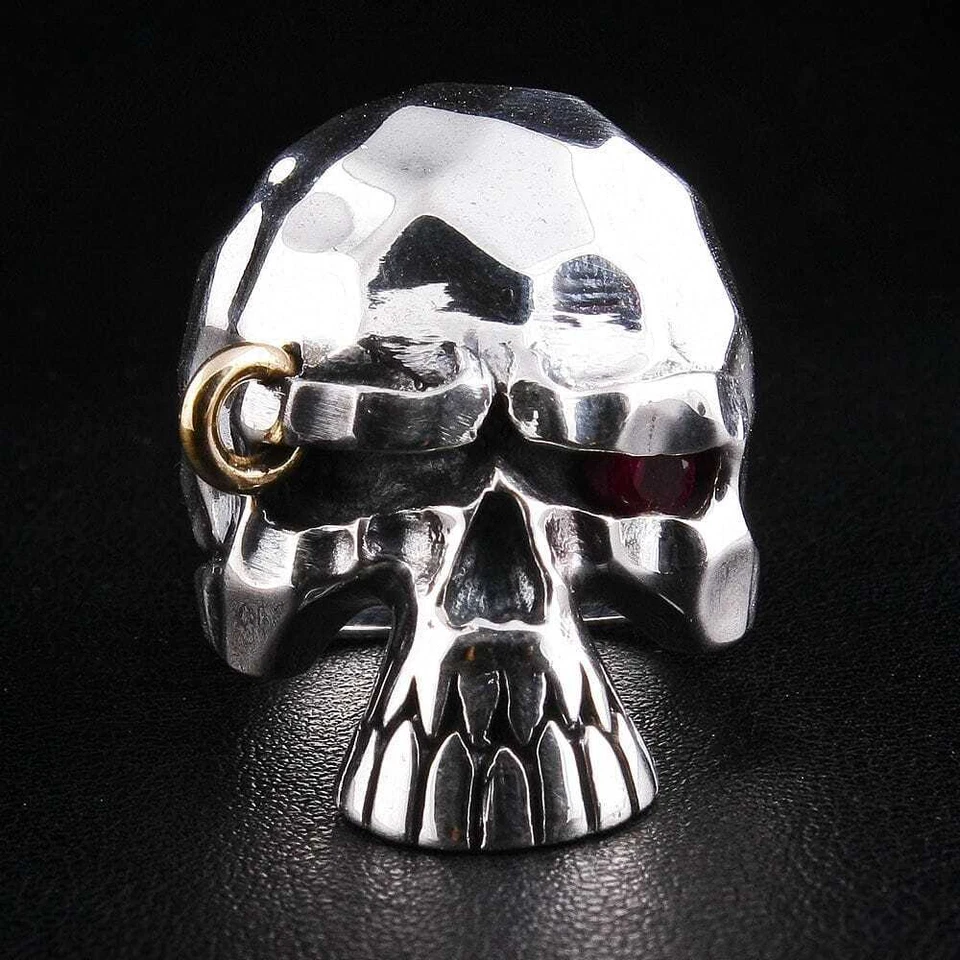 ANILLO DE PLATA ESTERLINA 925 CALAVERA PUNK OJO ROJO RUBÍ MOTOCICLISTA GÓTICO PARA HOMBRES NUEVA JOYERÍA Foto 2 de 4