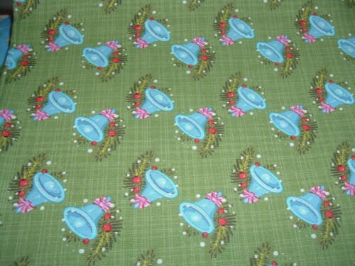 Vtg Christmas Snowman Blue Bells Bows Allover on Green Quilt Fabric 1Ydx43 #FF - Foto 1 di 2