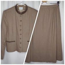 Handmacher Skirt Blazer Set 60s Vtg Brown Wool Button Mandarin Pocket Old Money